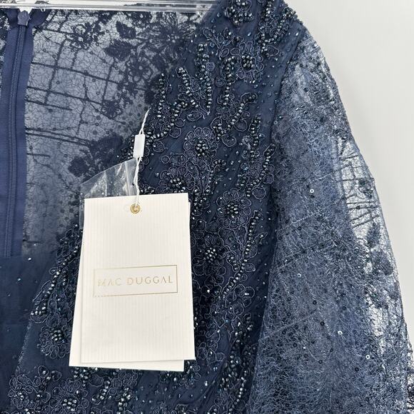 Mac Duggal Women's Blue Embellished Plunge Neck Bishop Sleeve Dress Size 14 - Picture 8 of 10